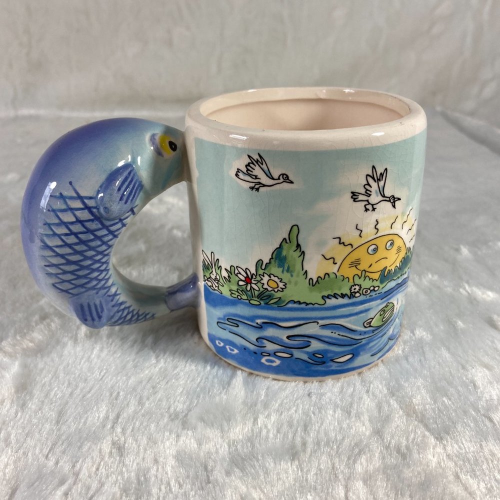 Russ "You're The Catch of the Year" Ceramic Fishing Mug Cup Fish Handle Vintage - Picture 9 of 11
